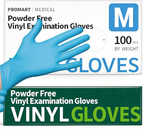 PROMART Blue Vinyl Disposable Gloves, Powder-Free, Latex-Free, Non-Sterile, Disposable Gloves, Ambidextrous, Comfortable Fit, Food Safe, Industrial & Home Use, Pack of 100, MEDIUM