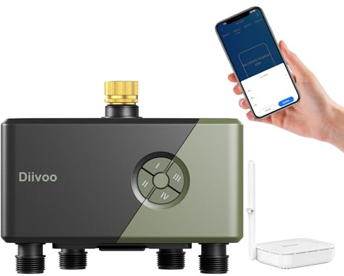 Diivoo WiFi Sprinkler Timer for Garden Hose, 4 Zones Smart Water Timer with Brass Inlet, WiFi & Ethernet Connection, Compatible with Alexa/Google, 24 Irrigation Plans, Rain Delay & Mist Mode for Lawns