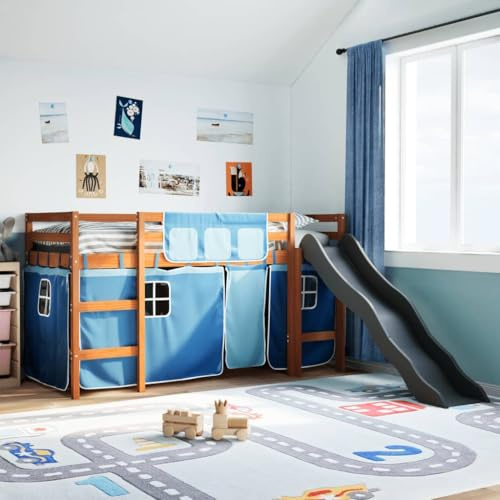 Holamys Lit mezzanine pour enfant, avec toboggan, rideaux bleus, 80 x 200 cm, en pin massif, avec protection anti-chute, lit de jeu pour chambre d'enfant, durable