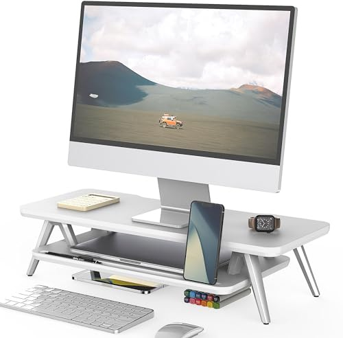 Fenge Monitorständer, für Laptop PC TV, Monitor Stand, Weiß, 60cm | Bis 40kg, Ablagefach für Telefon/Tablet/Stift, Kabel-Mgmt. Alufüße, Für Bildschirm Computer Drucker Schreibtisch Büro Zuhause