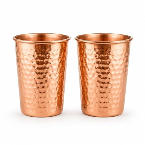 SHYAMVUN Pure Copper Cups – 300ml Ayurveda Water Glasses | Handcrafted Tumblers for Health Benefits | Drinking Copper Glass for Daily Use (Hammered 2)