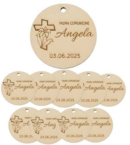 Set da 10 Segnaposto Ciondoli Prima Comunione Personalizzato in Legno | Tag Ciondolo Magnete, 2 Design a scelta, Diametro 5cm-4cm-3cm, Per sacchetti o scatole confetti
