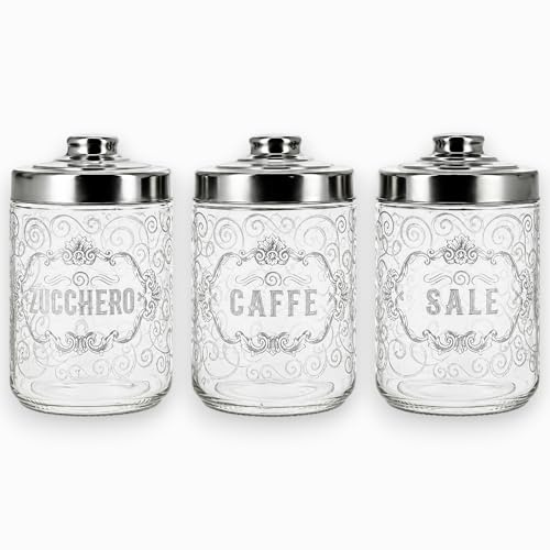 KORAT - Set 3 Barattoli Cucina in Vetro Decorato 800 cc con Coperchio in Metallo – Contenitori per Zucchero Caffè Sale, Design Vintage Elegante, Ermetici, Porta Alimenti per Cucina