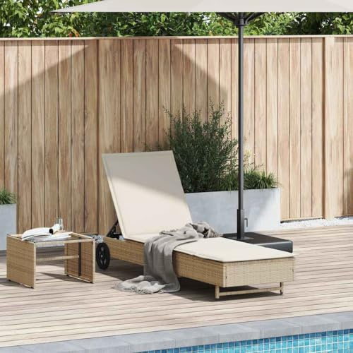 Plumbpyr Solstol med hjul beige poly rotting PE rotting, 3 fack justerbart ryggstöd, sittdyna krämvit, för balkong terrass pool strand camping, 110 kg lastkapacitet