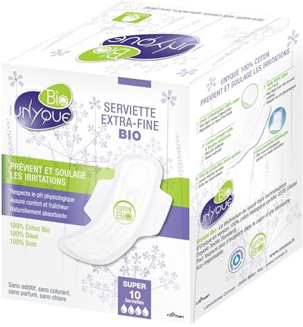 UNYQUE Einlagen aus reiner Baumwolle, 100% Baumwolle, beugt Hypoallergen, super saugfähig, extra dünn und mit Flügeln, intensiver Durchfluss, geeignet für empfindliche Haut, 10 Stück