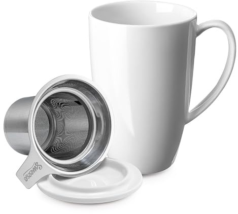 Sweese 15oz Porcelain Tea Mug with Infuser and Lid – Microwave Safe, Ergonomic Handle, Lead-Free Glaze, for Loose Leaf Tea White;
