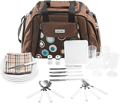 anndora Picknicktasche mit Kühlfach braun Blaue Kreise 29 Teile 4 Personen