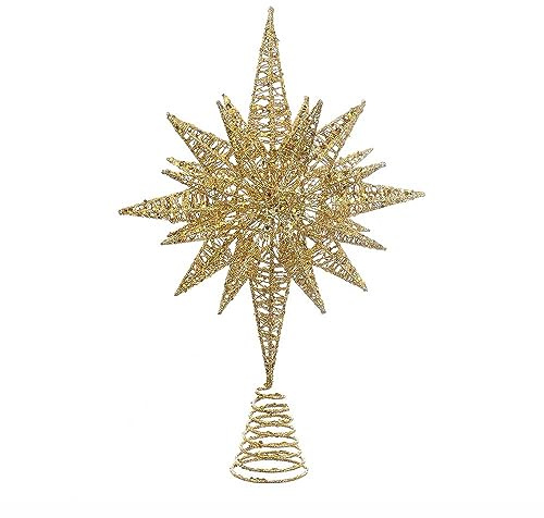Kurt Adler Un-Lit Gold Glitter Wire 3D Star Treetop, 16.5-inch Length, Gold-Tone, Metal, Holiday Decor
