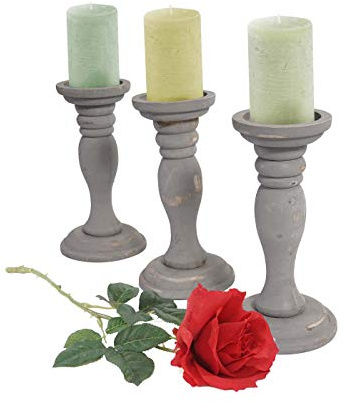 Mendler 3er Set Kerzenständer T361 - grau | Kerzenhalter, Shabby-Look, Vintage, Höhe 24cm