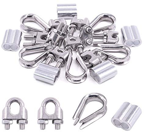 Swpeet 24Pcs M10 (3/8) Wire Rope Accessory Set, Included M10 Wire Rope Cable Clip Clamp, M10 Stainless Steel Thimble, 10mm Aluminum Crimping Loop Sleeve Perfect for 1/8 inch Wire Rope Cable (M10)