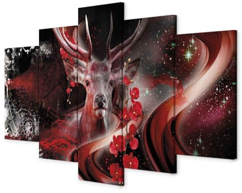 B&D XXL - Akustikbild Hirsch 5 tlg - Bilder Akustikschaum Schallschutz Wand Deko Kunst Akustikpaneele Wandpaneele Schalldämmung Wandbild Schallabsorber Akustikplatten Tiere Blumen Orchidee Abstrakt