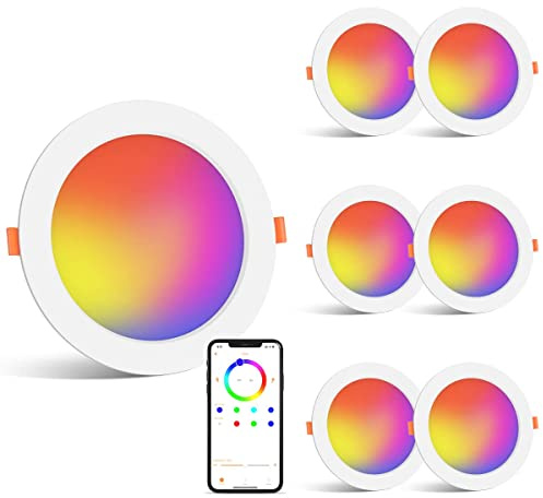 SikSog LED Downlight Ceiling Light 12W 4 inch，Smart Recessed Downlights RGB Colour Changing and Warm White 2700K Recessed Spot Lights，Dimmable by Bluetooth Control for Bathroom Bedroom Kitchen-6 Packs