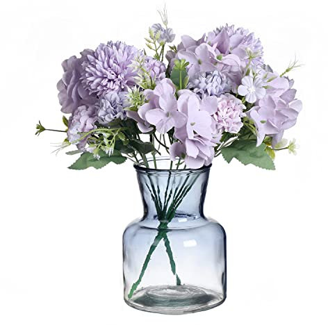 huaao 2 Pièces Bouquet de Fleurs Artificielles Réaliste d'hortensias Roses en Soie Arrangement Fleur Fausses Décoration pour Nuptiale Mariage Maison Fête Centre de Table Vase, Violet Clair