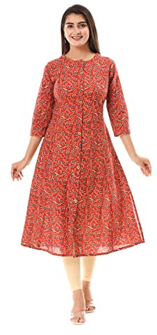 VIHAAN IMPEX Red Paisley Print Cotton Anarkali Kurti for Women Indian Tunic Dress 3/4 Sleeve Ladies Clothes Womens Gifts UK