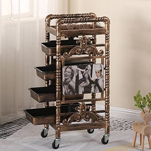 Retro Salon Lagerwagen,Friseurwagen Gold mit Fönhalter Friseur Barbier Schönheit Rollwagen,Mit 4-5 Schubladen Salon Trolleys,Haare Spa Ablagefach A,31X37X83CM
