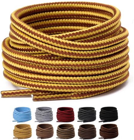 Olukssck 2 Pares Cordones Redondos para Botas, Cordones Duraderos para Botas de Senderismo y Calzado de Seguridad - 4 mm Diámetro, Amarillo/Marrón, 91cm