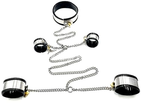ZTHBYSB Schwarz Edelstahl Silikon Abschließbare Hand Fußfesseln Neck Kragen Erwachsene Spiele Slave Bondage Fesseln Metall Kette Handschellen Fußschellen SM Sex Spielzeug für Paare,Schwarz,Männer