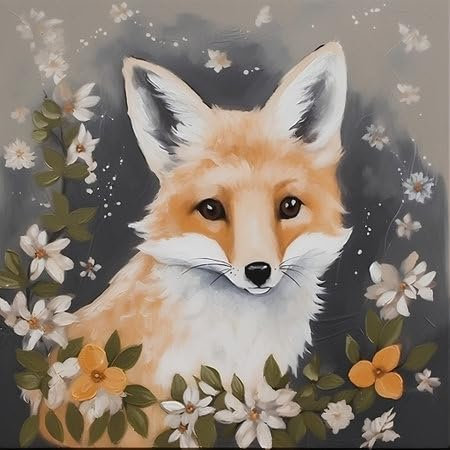 adrium Holz-Bild 60 x 60 cm: Aquarellmalerei eines süßen Fuchses mit Blumen auf dunklem Hintergrund (213087470)