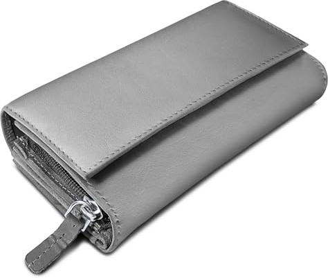 ROYALZ 'Orelia' Vintage Leder Geldbörse für Damen Portemonnaie groß mit vielen Fächern RFID-Blocker Brieftasche Querformat, Farbe:Hellgrau