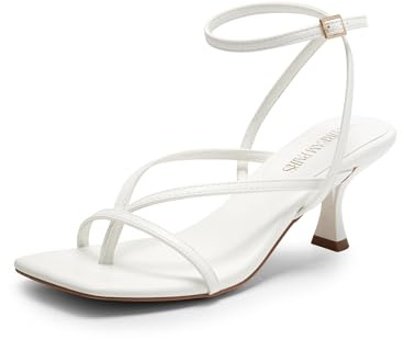 DREAM PAIRS Women's kitten Low Strappy Lace Up Heels Open Square Toe Thong Ankle Strap Heels Sexy Fashion Comfort Dress Shoes Party Sylvestra Pumps Heeled Sandals,Size 7.5,White-Pu,SDHS2405W