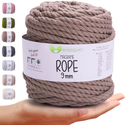 MeriWoolArt® Premium Makramee Garn 9 mm x 10m (Dunkelgrau), Baumwollgarn Kordel, Dicke Makramee Seil für Wandbehang, Blumenampel, Vorhang und Mehr DIY Handwerk