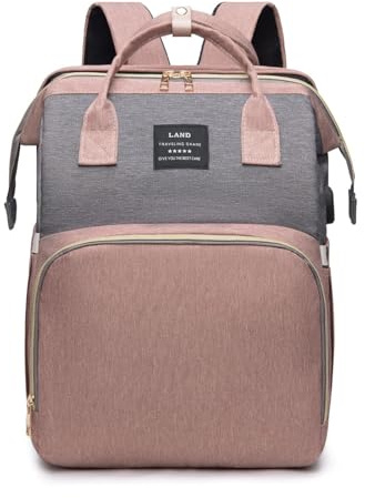 Chickwin Baby Wickeltasche für Kinderwagen, Baby Wickelrucksäcke Großer für Unterwegs Wickeltasche Rucksack mit Faltbarem Kinderbett Babytasche für Mama und Papa (31x20x41cm,Rosa Grau)