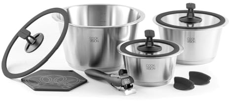 cookvision nesto stapelbares Topfset 10-tlg. Schwarz, 3 Edelstahltöpfe induktions-, backofen- und spülmaschinengeeignet, Set mit 3 Glasdeckeln, abnehmbarer Griff, für Paare, Camping, Reisen