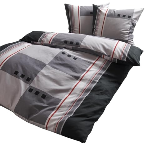 Traumschlaf Feinflanell Bettwäsche Davos Grau – Kuschelig warme Winterbettwäsche aus 100% Baumwolle im modernen Block- und Streifendesign – mit Reißverschluss – 135x200 cm + 80x80 cm