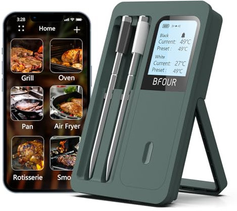 Fleischthermometer Kabelloses Bluetooth mit 2 Sonden, LCD-Display, APP-Steuerung, Grillthermometer für BBQ, Grill, Smoker, Ofen, Küche,BF-40