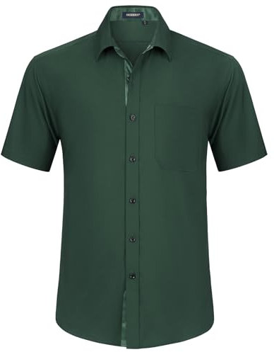 HISDERN Mens Short Sleeve Dark Green Shirt Casual Shirts Business Regular Fit Dress Shirts for Men Non-Iron Stretch Shirt with Pocket,3XL