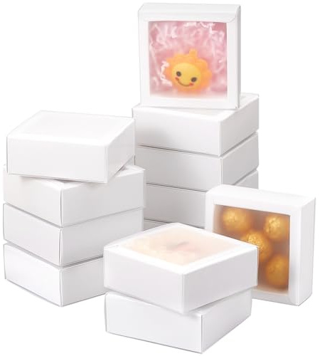 BENECREAT 12pcs Weißes Papier Geschenk-Boxen, 8,3x8,3x3,2cm Schublade Boxen mit PVC-Fenster Abdeckung für Party Favor Leckereien, Schmuck, Vorschlag Geschenk-Verpackung