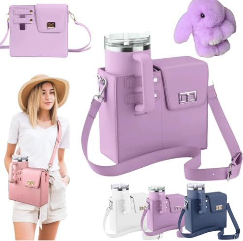 Outdoor Portable Crossbody Water Cup Storage Bag,Crossbody Bag with Water Bottle Holder&Bunny Keychain,Adjustable Shoulder Strap Crossbody Cup Storage Bag for Travel Daily Use