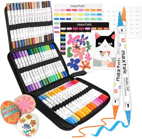 maxtek 48 Farben Acrylstifte Set, Doppelseitige Spitzen, Wasserfest feine Spitze und Pinselspitze Vielseitige Acrylfarben für Steine, Holz, Stoff, Leinwand, Glas, Keramik in Stofftasche