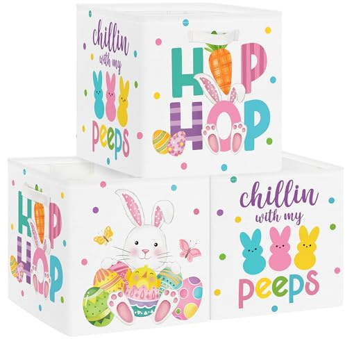 Clastyle Set di 3 Scatole Portaoggetti Pasqua Cubo di Stoccaggio per Armadio Vestiti Cesto Scaffali Coniglia per Bambini Scrigno dei Giocattoli e Libri della Scuola Materna, Bianco, 30x30x30 cm
