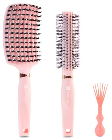 Set di 3 spazzole per capello donna, con setole di cinghiale, spazzola rotonda per asciugatura, strumento di pulizia, districante per capello, rosa