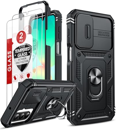 LeYi Kameraschutz Hülle für Samsung Galaxy A26 5G Handyhülle Ständer Case | mit 2X Panzerglas Hybrid Metall Ring Cover Kamera Schiebeabdeckung Schutzhülle Militär 5 G Handy Hüllen Schwarz A 26