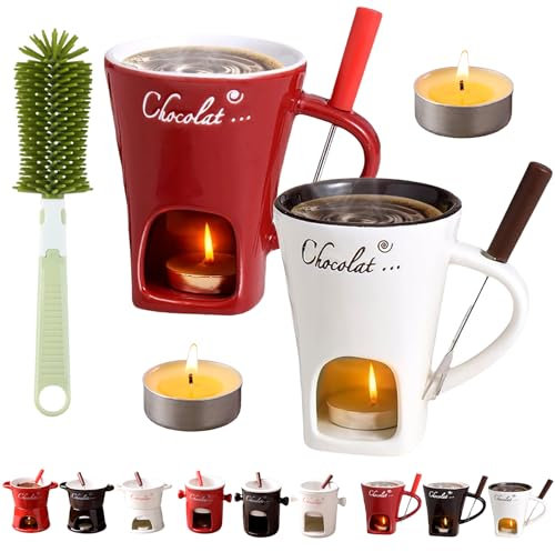 Vgpbphj Ceramic Fondue Mug, Candle Melting Chocolate Mugs with Forks, Sweet Fondue Cup Very Suitable for Couples on Valentine's Day, Birthday, Wedding Anniversary (2PCS-a1)