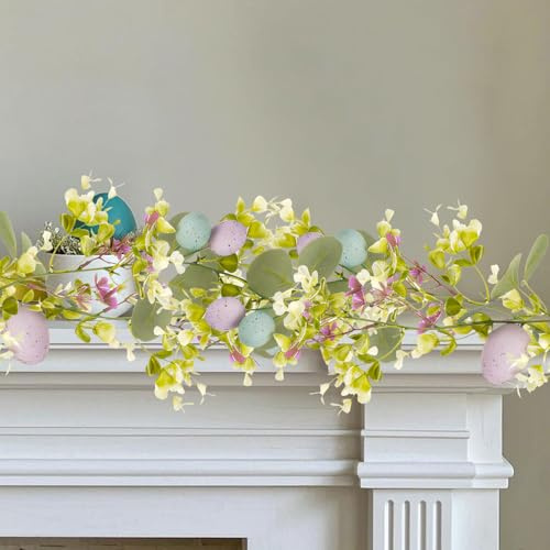 Osterdeko Girlande mit Beleuchtung, 1.8M Ostergirlande mit LED Lichterkette & Timer, Ostern Deko LED Ostereier Ostergirlande Künstliche Frühlingsdeko Girlande für Innen Außen Party Deko (01)