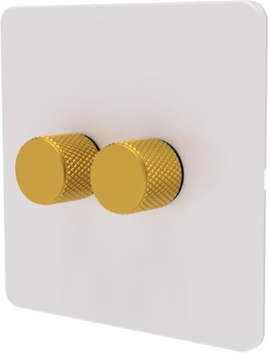 LED Dimmer Switch [Metal Knob/Plastic faceplate] 2-way Rotary Push On/Off for Dimmable LED and Halogen Lights, minimum brightness adjustable - White/Gold 2-Gang