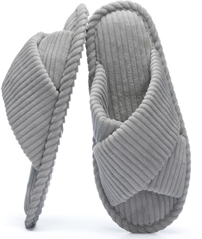GOEWY Zapatillas Mujeres con Memory Foam, Pantuflas de Pana para Hogar, Punta Abierta y Lazo Cruzado, Suela Antideslizante. Regalo Cómodo y Moderno para Ella.