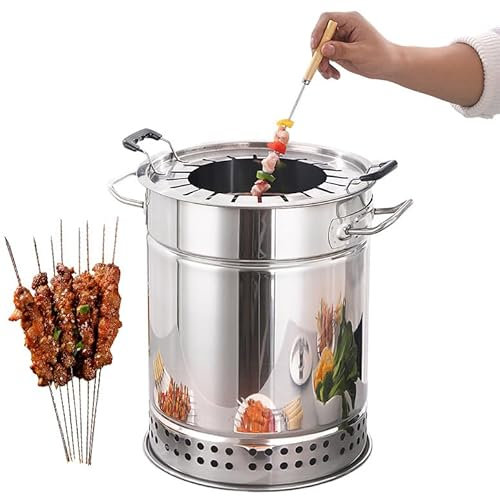 Barbecue portable sans fumée en acier inoxydable – Fumoir vertical à charbon de bois avec 20 brochettes et accessoires de cuisson pour rôtir à 360 ° multifonction