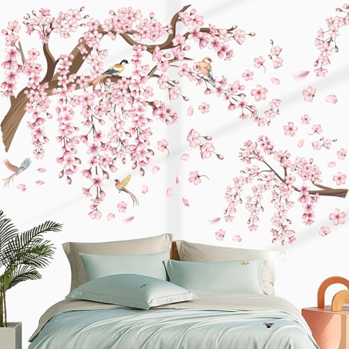 Wandtattoo Kirschblüte, Wandtattoo Groß XXL, Kirschblüte Rosa Baum Ast Wandsticker, Hängende Blumen Blüten Vögel auf Baum Wanddekoration für Schlafzimmer Wohnzimmer Sofa Hintergrund Wanddeko