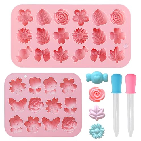 2 Pièces Moule Fleur Silicone, Sans BPA Moules en Silicone pour Fondants Papillon, 3D DIY Fleur Fondant Moule avec 2 Compte-gouttes, Antiadhésifs Moules Patisserie pour Pralines, Chocolats (Rose)