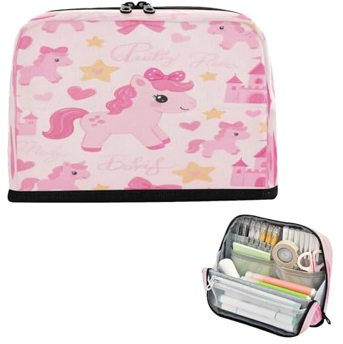 miaozhen Trousse à crayons de grande capacité avec fente pour adolescents, fournitures scolaires, dessin animé, cheval rose, cartucheras pour adolescents
