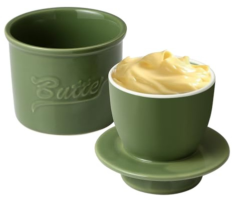 Green French Butter Dish French Butter Dish with Lid, Get on Demand Spreadable Butter, Ceramic Butter Keeper to Leave on Counter with Water Line
