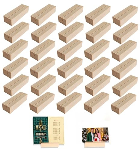 SEPWGUMD Kartenhalter Holz 30 Stück – Tischkartenhalter aus Naturholz, Abmessungen 7 x 2,3 x 1,7 cm – Fotohalter, Kartenständer im Vintage‑Design