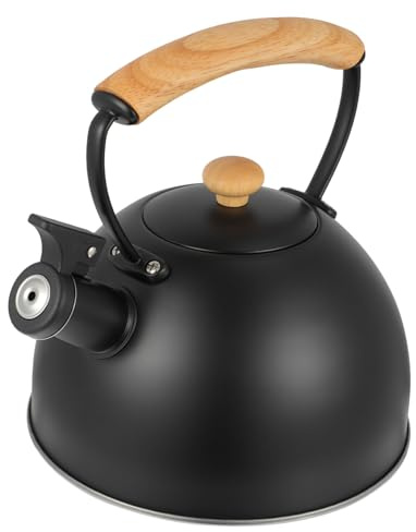 BESTYASH Bouilloire Sifflante Portable 2l En Acier Inoxydable Noir Poignée En Bois, Compatible Cuisinière Gaz Et Induction, Bouilloire à Eau Pour Maison Et Bureau