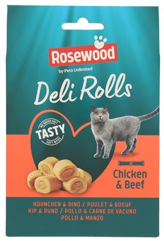 Rosewood Deli Rolls Huhn & Rind - Zarter Katzensnack mit weichem Kern, steckt voller Huhn und Rind, Geeignet als Medikamentenversteck, ohne Zucker oder Salz, ohne künstliche Zusatzstoffe, 40 g