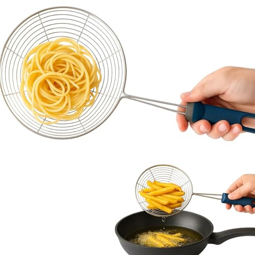 PARENCE - Écumoire en acier inoxydable Ø 12,5 cm – Passoire de cuisine pour pâtes, frites et fritures – Résistante à la chaleur, poignée ergonomique, 31,5 cm, Gris