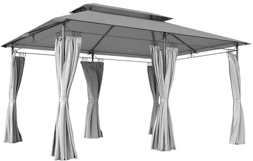 Outsunny Gazebo da Giardino 3x4 m con Tende Rimovibili, Doppio Tetto e 12 Fori di Drenaggio, Gazebo da Esterno in Metallo e Poliestere, per Giardino, Balcone, Feste, Campeggio, Grigio Scuro